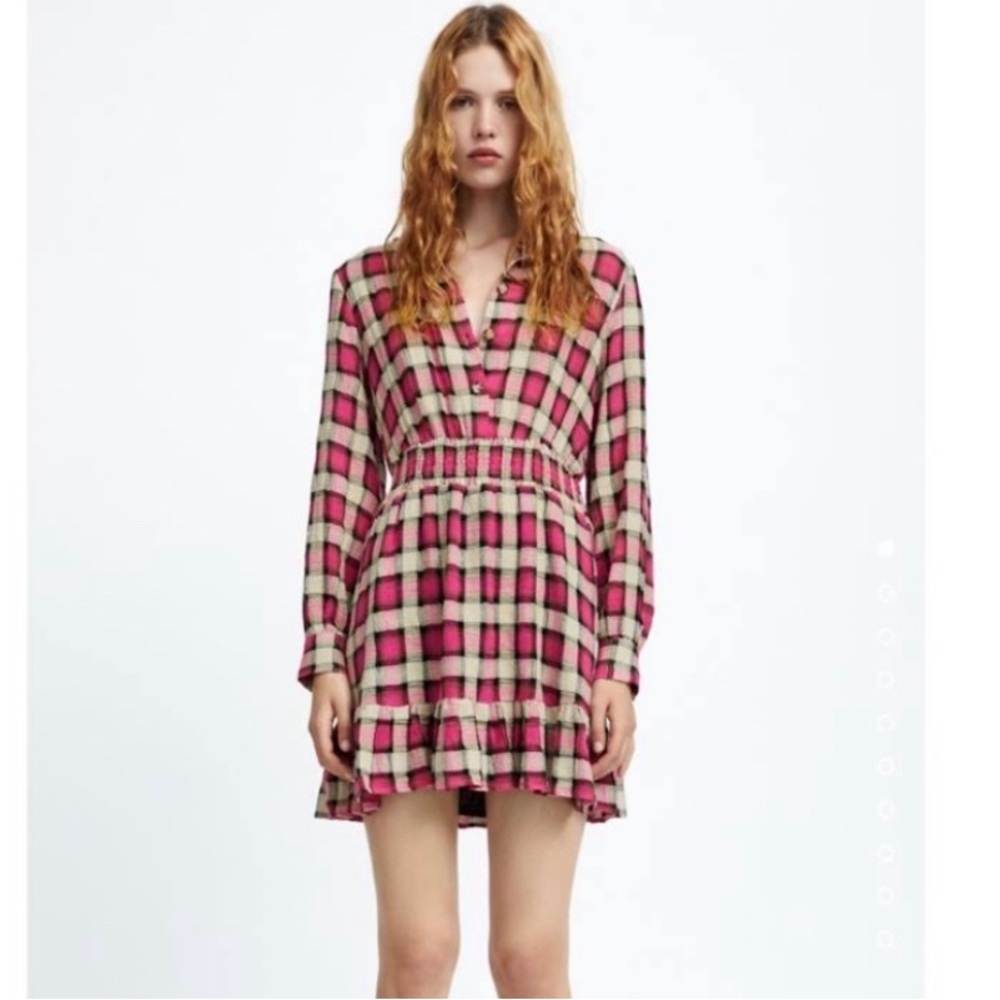 Zara Pink and Black long sleeve plaid mini dress in size small. NWT